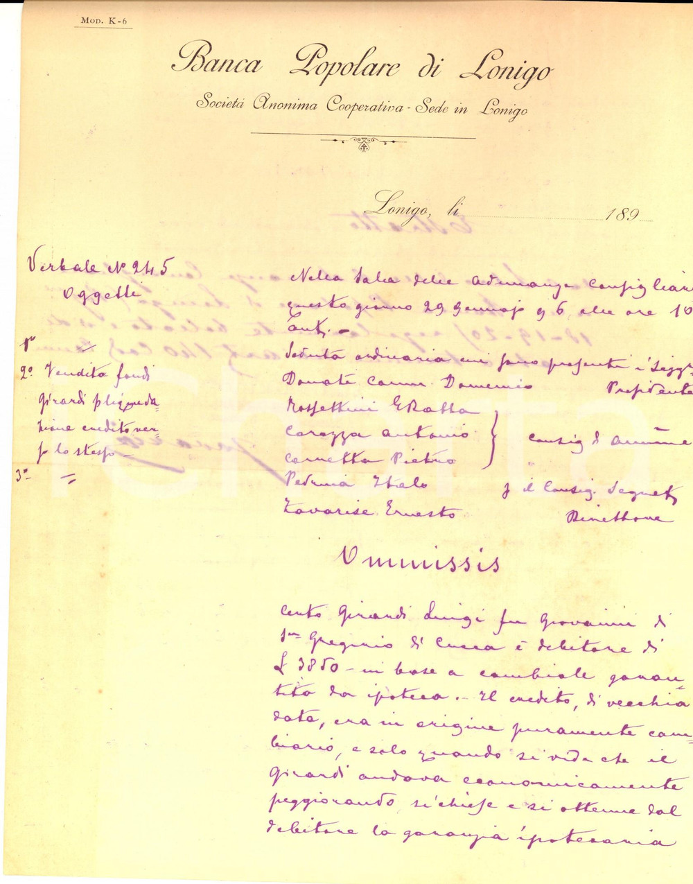Documento originale, autentico 1896 Banca Popolare LONIGO VI Esproprio di Luigi GIRARDI emigrato per debiti 1