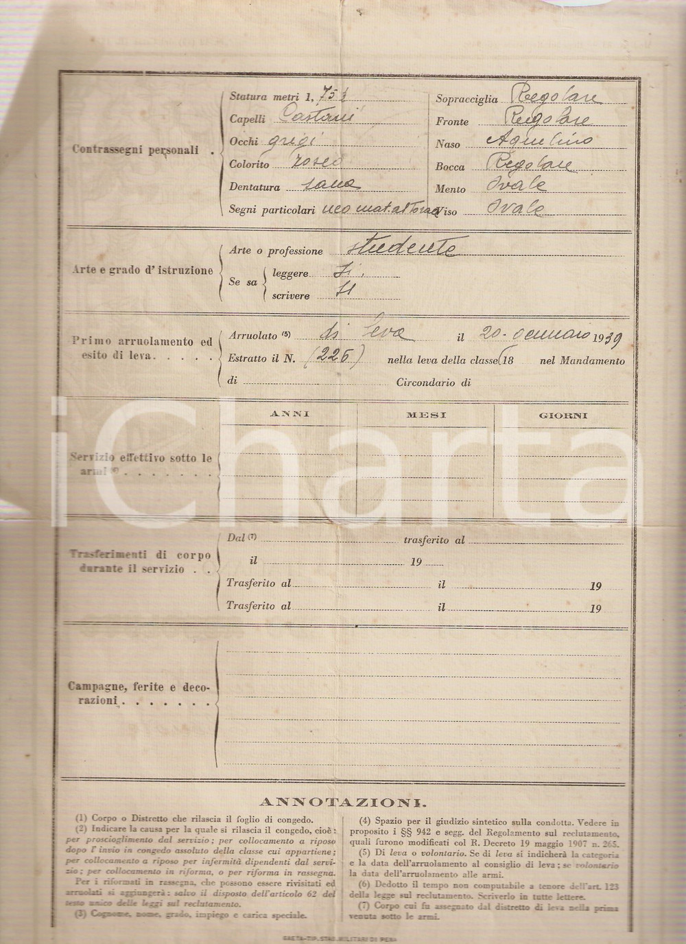 Documento originale, autentico 1940 FORLI' Congedo illimitato per Giovanni GARANCINI studente 1