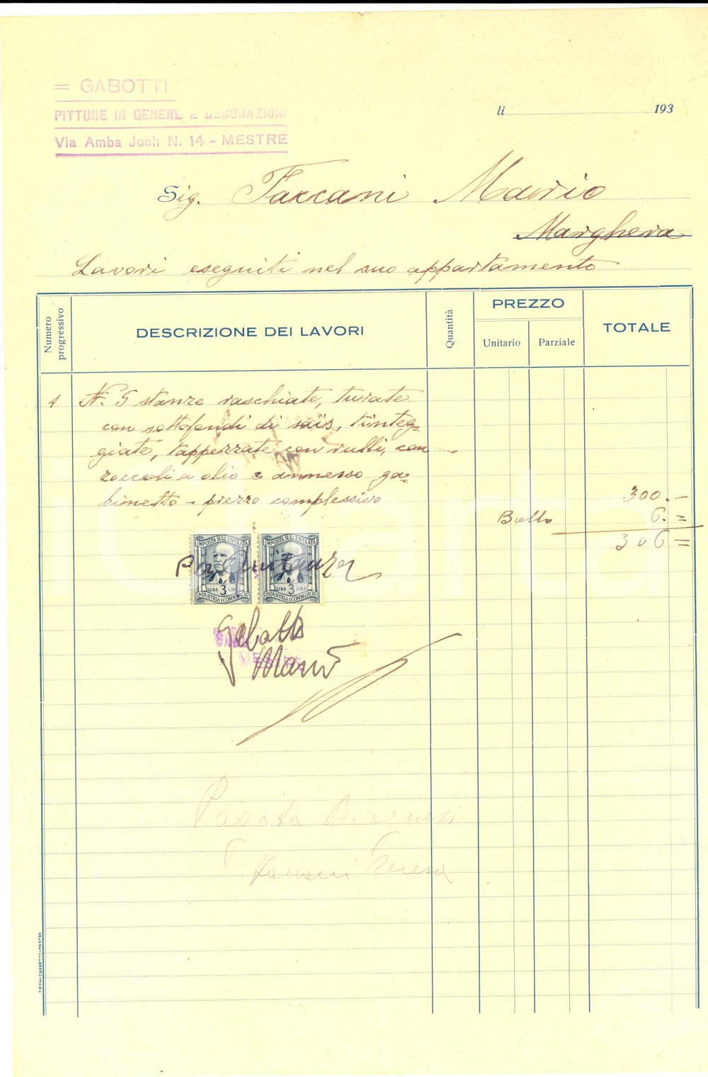 Documento originale, autentico 1930 ca VENEZIA MESTRE Mario GABOTTI Pitture e decorazioni Fattura intestata 1