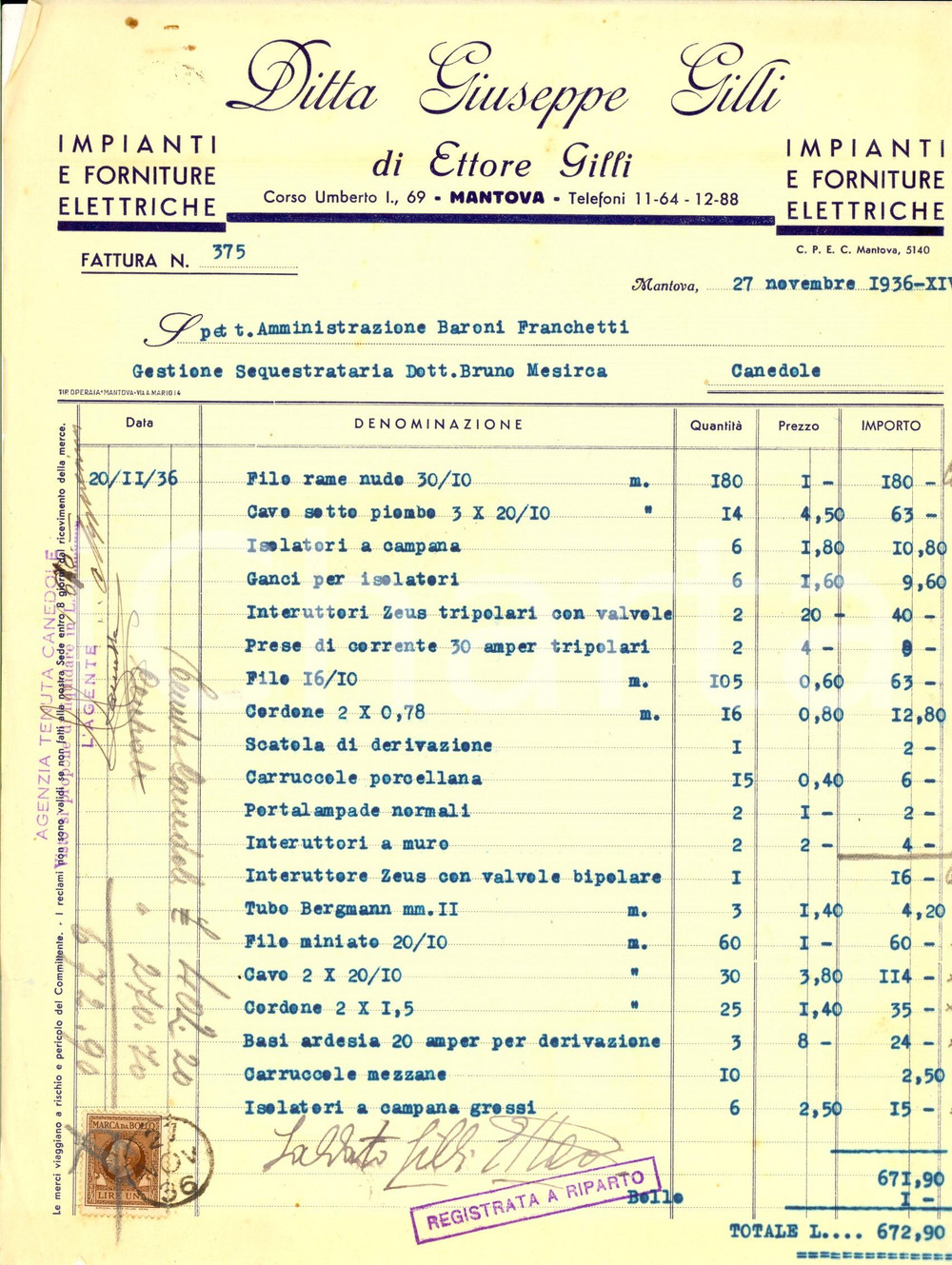 Documento originale, autentico 1936 MANTOVA Ditta Giuseppe GILLI Forniture elettriche *Fattura intestata 1