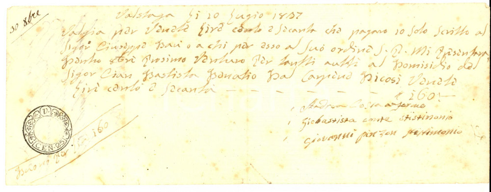 Oggetto da collezione cartaceo 1837 VALSTAGNA VI Cambiale di Andrea COSTA a favore di Giuseppe BARI 1