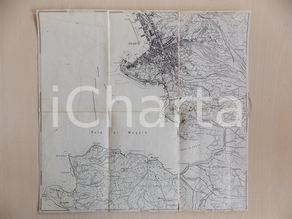 Materiale pubblicitario d’epoca 1919 TRIESTE Mappa su tela aggiornata con viabilità  di guerra 40x37 cm 1