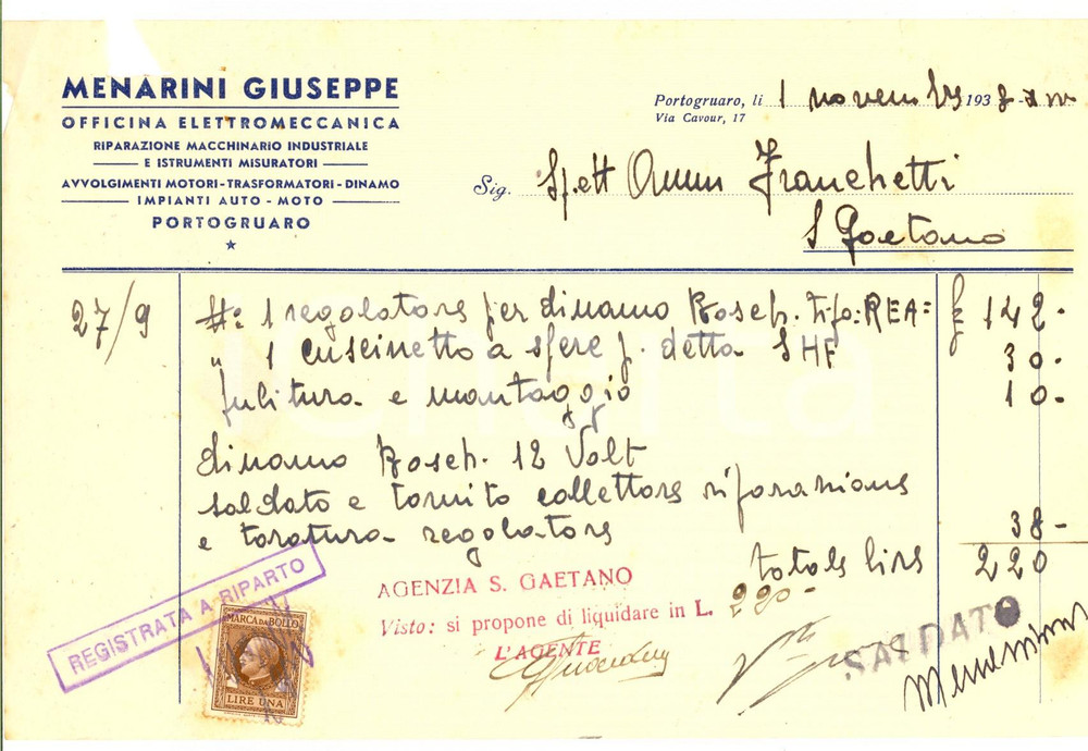 Documento originale, autentico 1938 PORTOGRUARO VE Giuseppe MENARINI Officina elettromeccanica Fattura 1