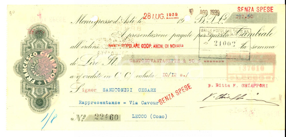 Documento originale, autentico 1939 MONTEGROSSO D'ASTI Premiata produzione vini Francesco CHIAPPORI Fattura 1