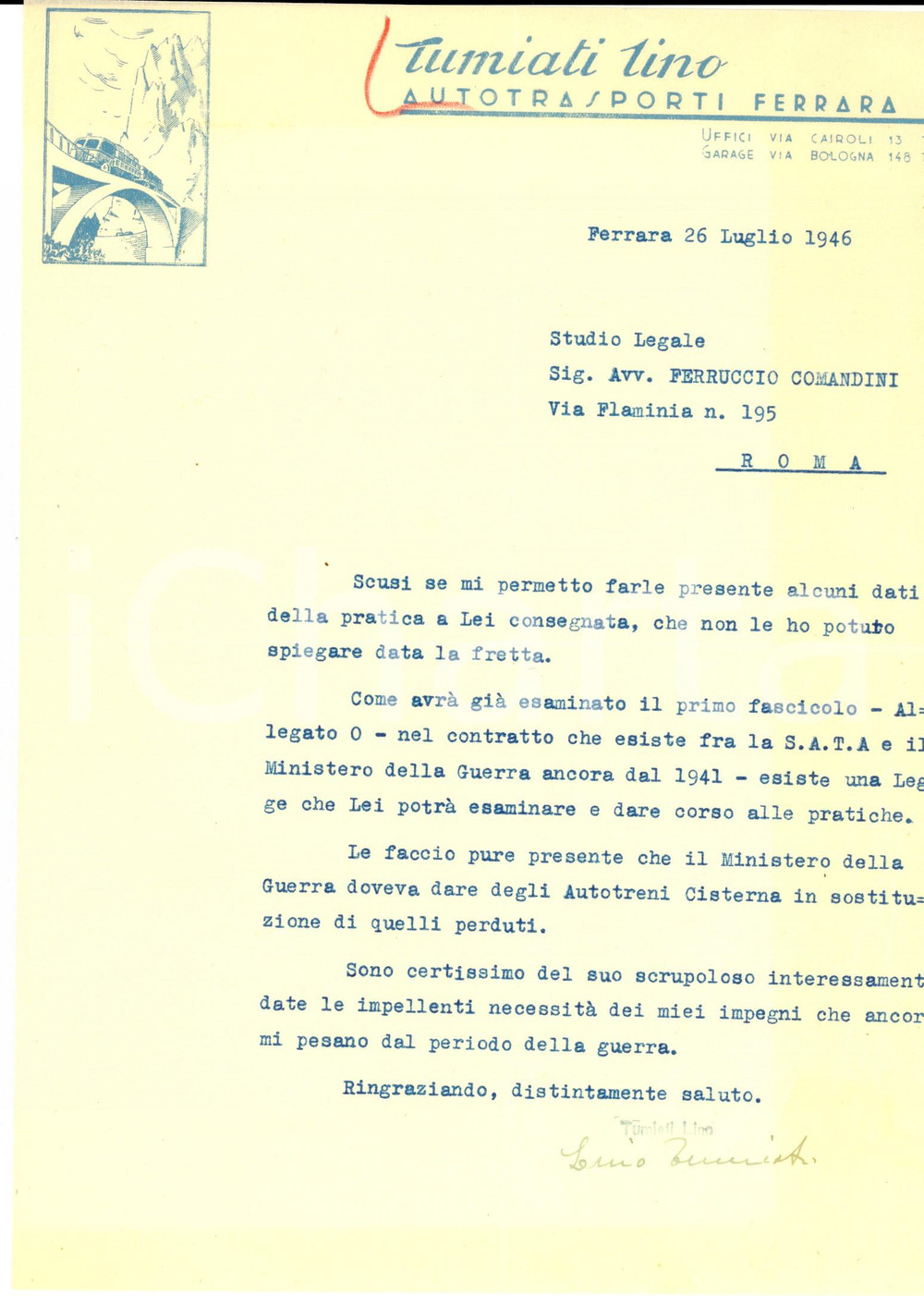 Manoscritto, lettera originale 1946 FERRARA Lino TUMIATI Autotrasporti Lettera su carta intestata 1
