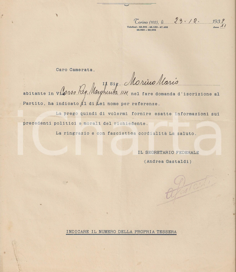 Manoscritto, lettera originale 1932 PNF TORINO Lettera a referente di Mario MORINO su iscrizione al partito 1