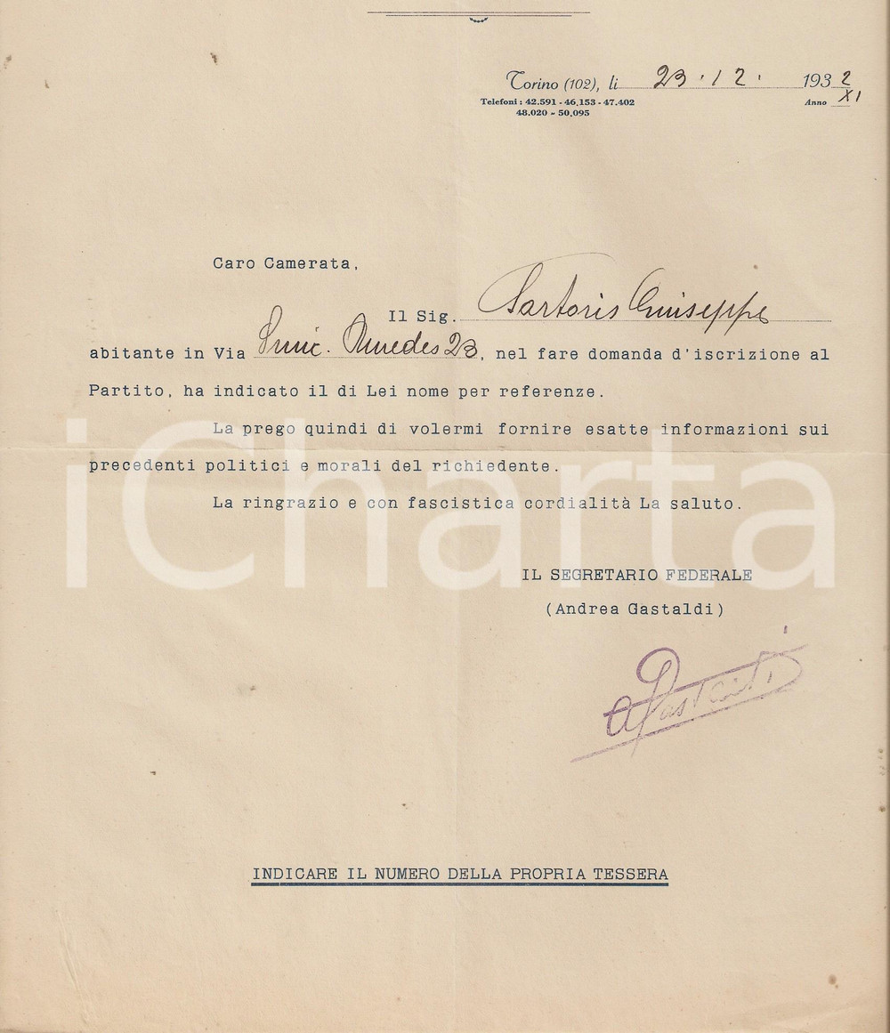 Manoscritto, lettera originale 1932 PNF TORINO Lettera a referente di Giuseppe SARTORIS su iscrizione a partito 1