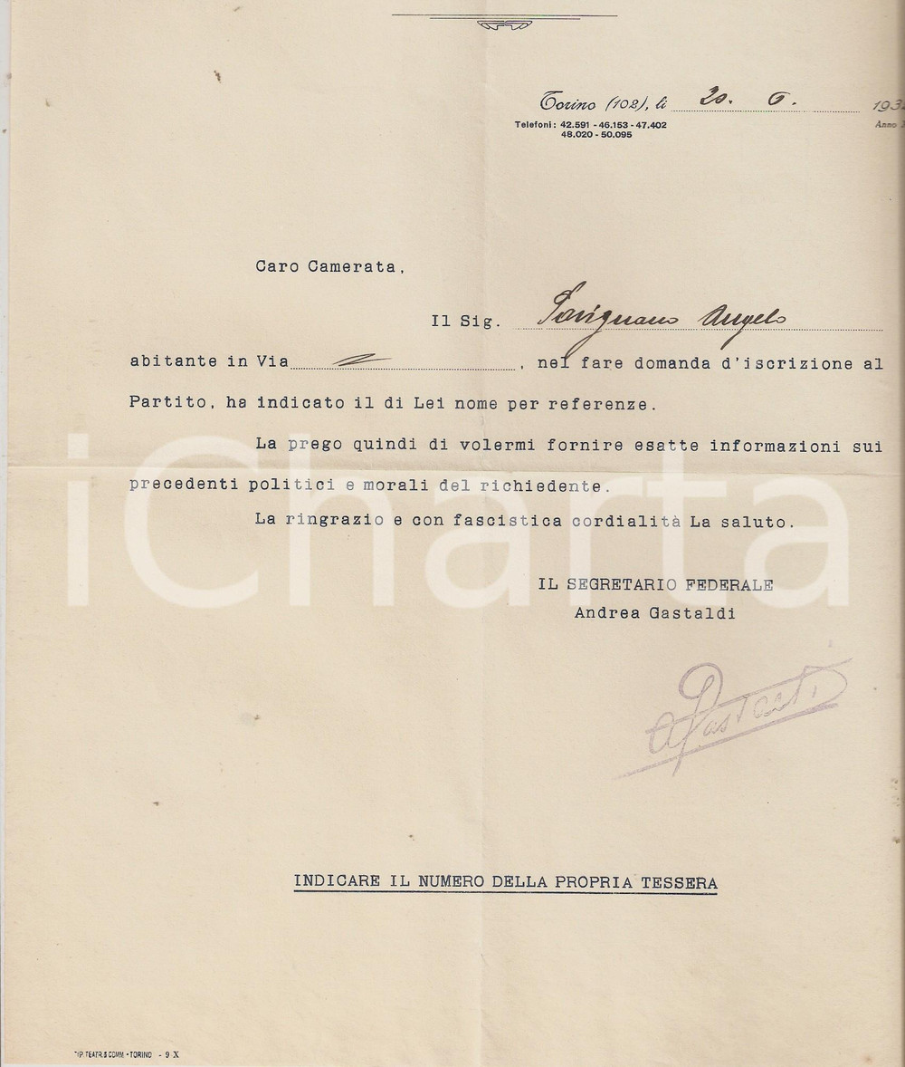 Manoscritto, lettera originale 1932 PNF TORINO Lettera a referente di Angelo FARIGNANO su iscrizione al partito 1