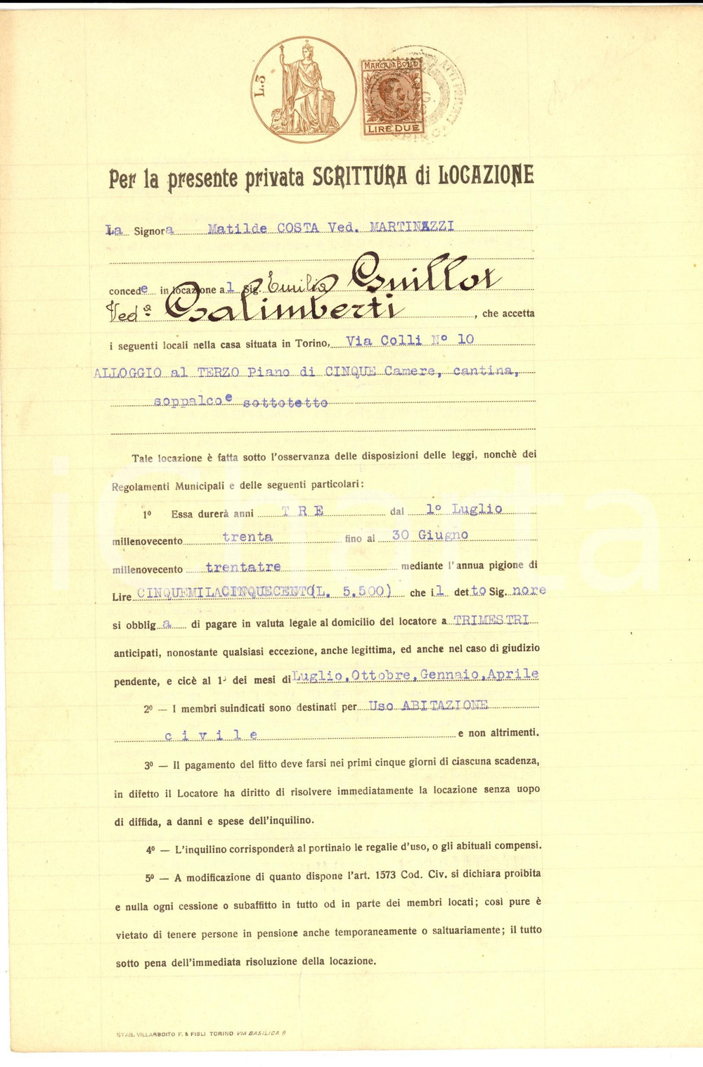 Documento originale, autentico 1930 TORINO Contratto locazione alloggio tra Matilde COSTA ed Emilia GUILLOT 1