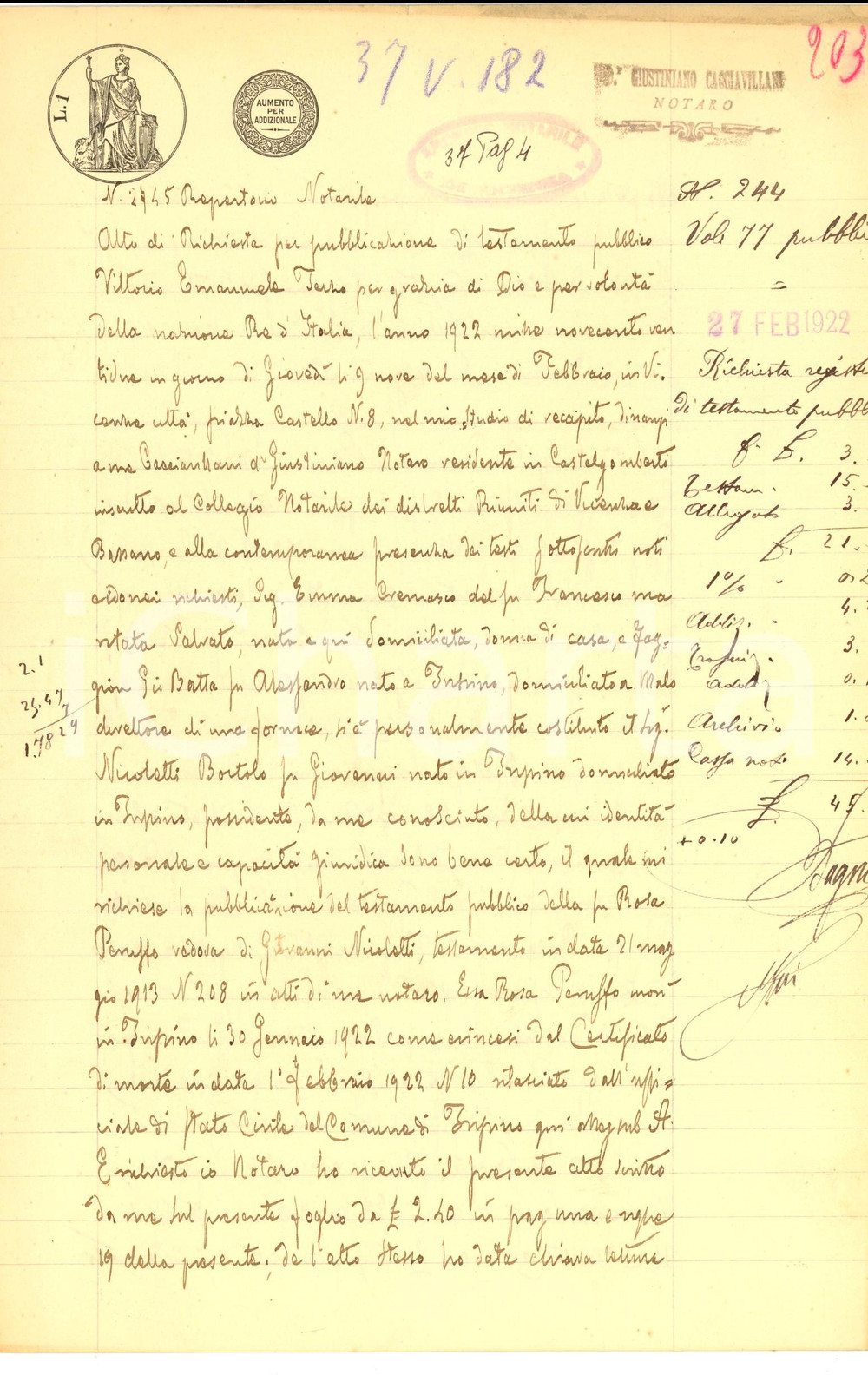 Documento originale, autentico 1922 TRISSINO (VI) Pubblicazione testamento della vedova Rosa PERUFFO NICOLETTI 1