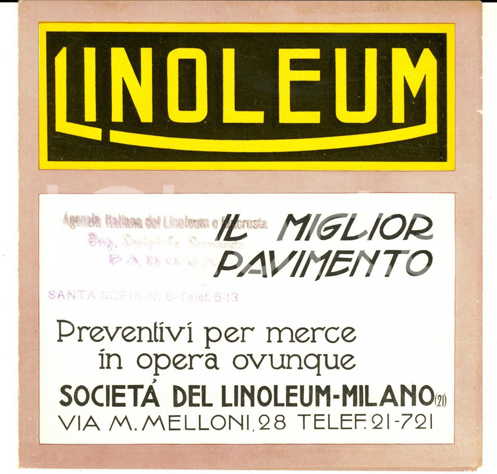 Materiale pubblicitario d’epoca 1950 ca MILANO SocietÃ  del Linoleum  Il miglior pavimento Pubblicitario 1