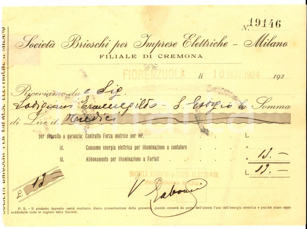 Documento originale, autentico 1924 FIORENZUOLA PC Società BRIOSCHI per Imprese Elettriche Ricevuta deposito 1