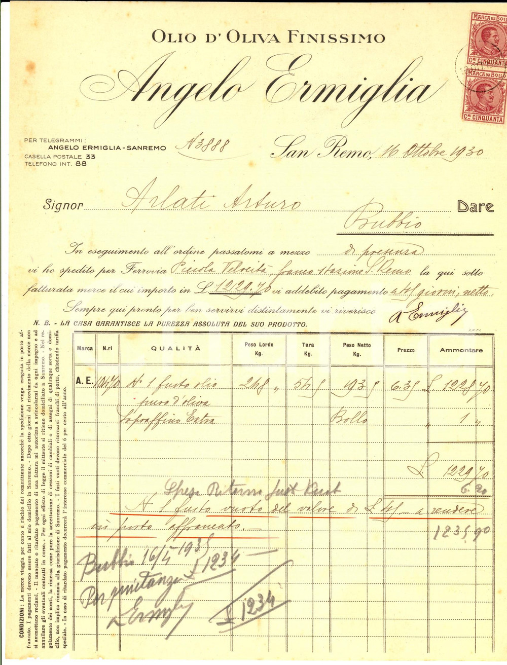 Documento originale, autentico 1930 SANREMO IM Angelo ERMIGLIA olio d oliva finissimo Fattura intestata 1