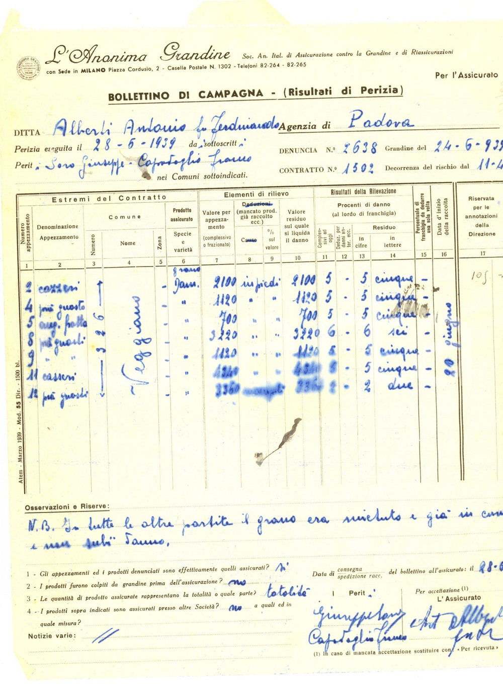 Documento originale, autentico 1939 PADOVA L ANONIMA GRANDINE Bollettino di campagna  perizia danni 1