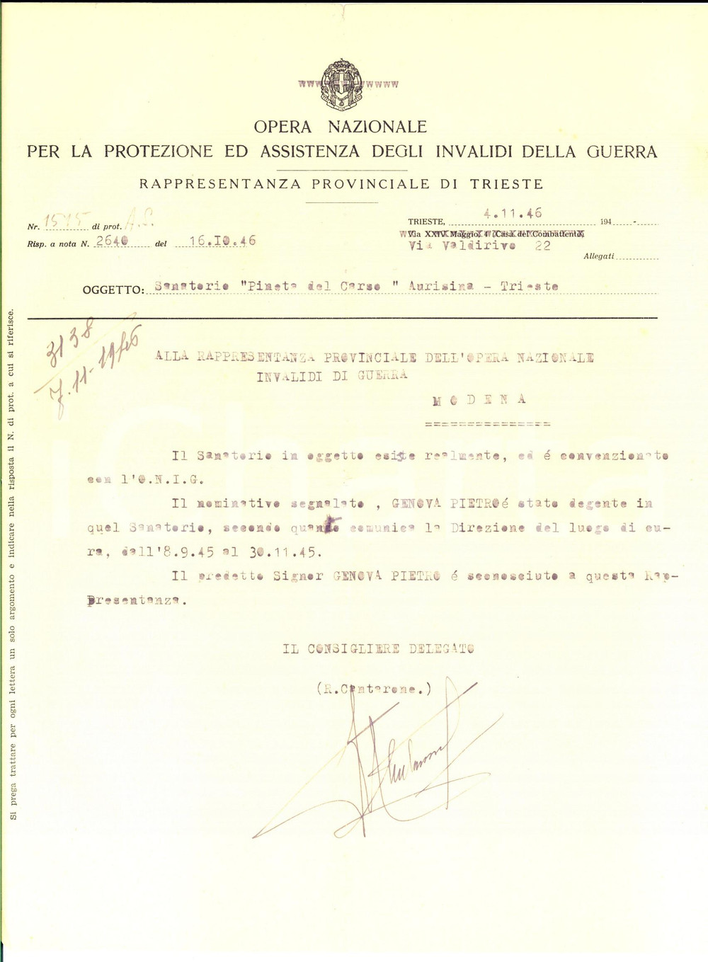 Documento originale, autentico 1946 TRIESTE Opera Nazionale Invalidi Guerra - Lettera su malato Pietro GENOVA 1