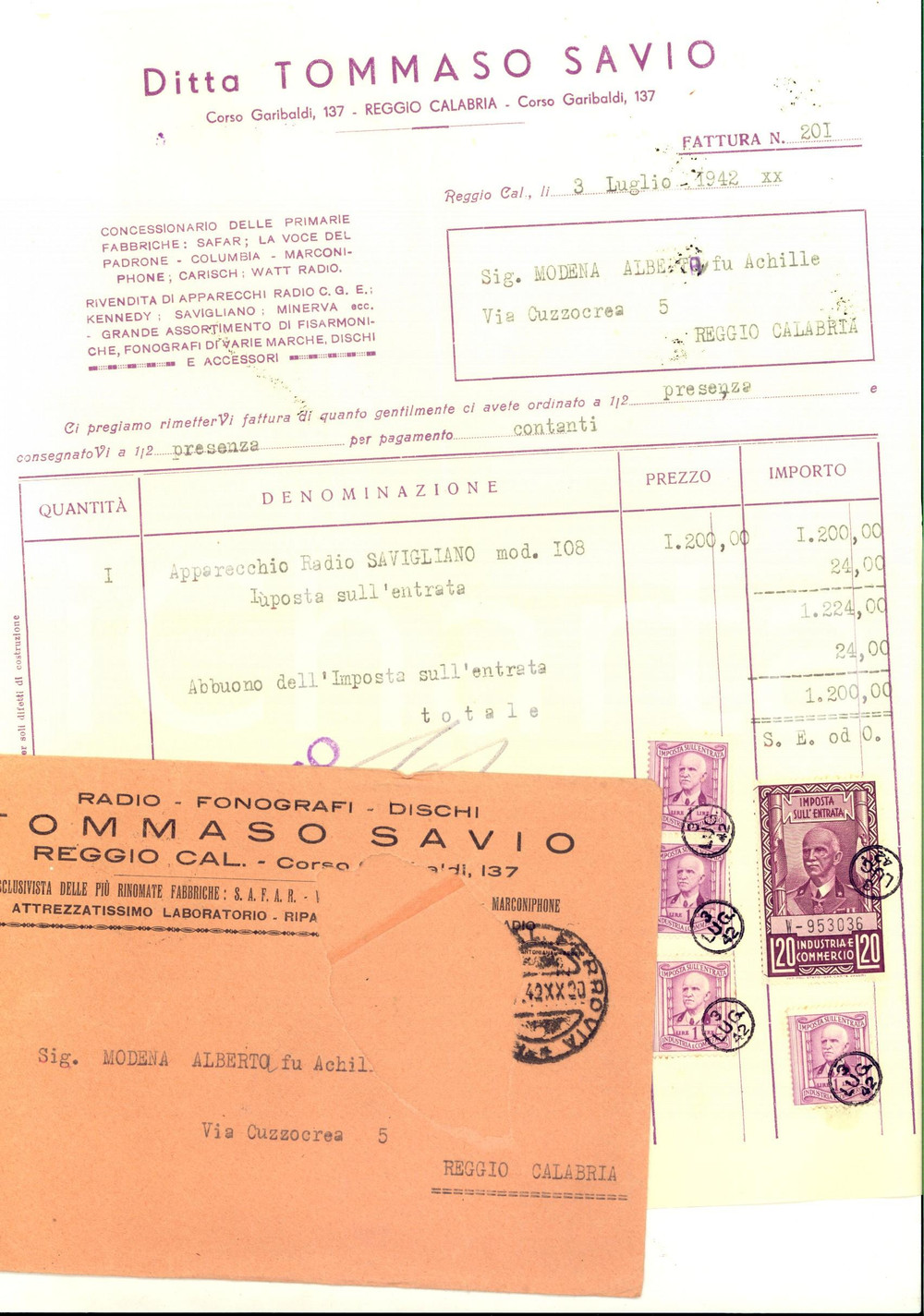 Documento originale, autentico 1942 REGGIO CALABRIA Ditta Tommaso SAVIO - Fattura per radio SAVIGLIANO 1