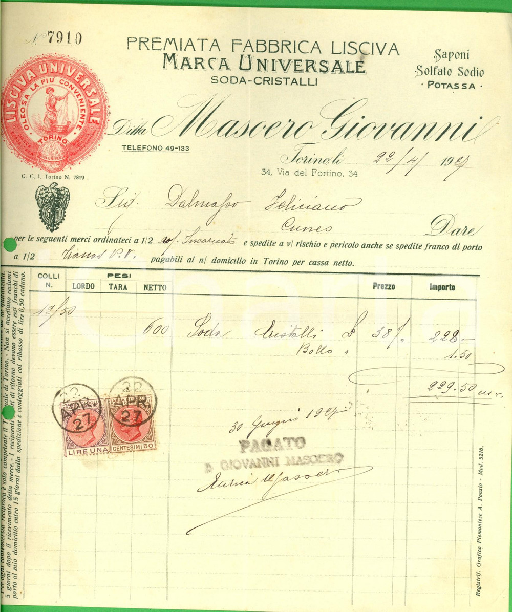 Documento originale, autentico 1927 TORINO Ditta Giovanni MASOERO fabbrica lisciva *Fattura intestata 1