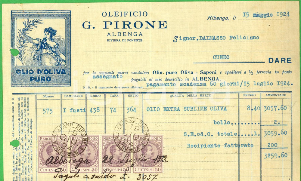 Documento originale, autentico 1924 ALBENGA SV Oleificio G. PIRONE  Fattura per olio extra sublime 1