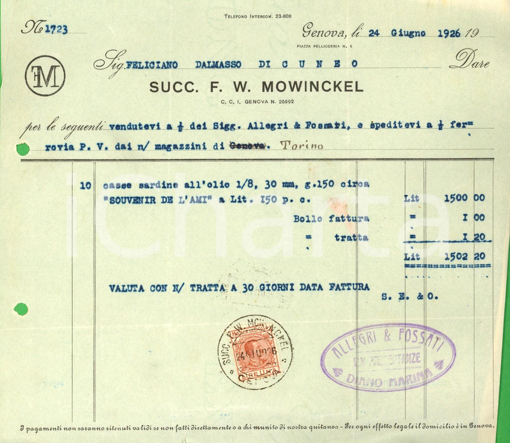 Documento originale, autentico 1926 GENOVA Ditta Successori F. W. MOWINCKEL Fattura per sardine all olio 1
