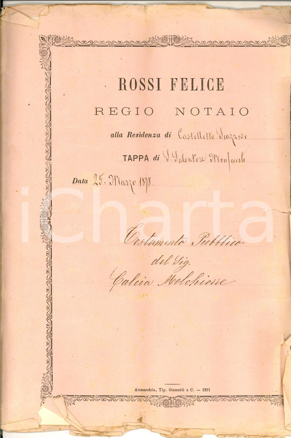 Documento originale, autentico 1878 SAN SALVATORE MONFERRATO AL Testamento di Melchiorre CALCIA Manoscritto 1