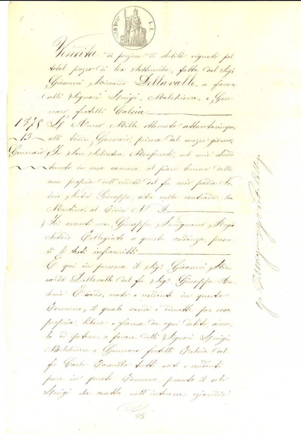 Documento originale, autentico 1875 SAN SALVATORE MONFERRATO Giovanni DELLAVALLE vende vigna a fratelli CALCIA 1