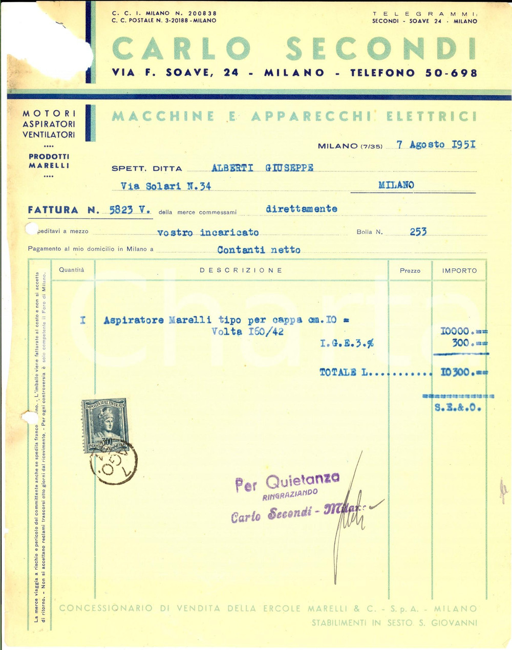 Documento originale, autentico 1951 MILANO Ditta Carlo SECONDI *Fattura per aspiratore MARELLI con bollo 1