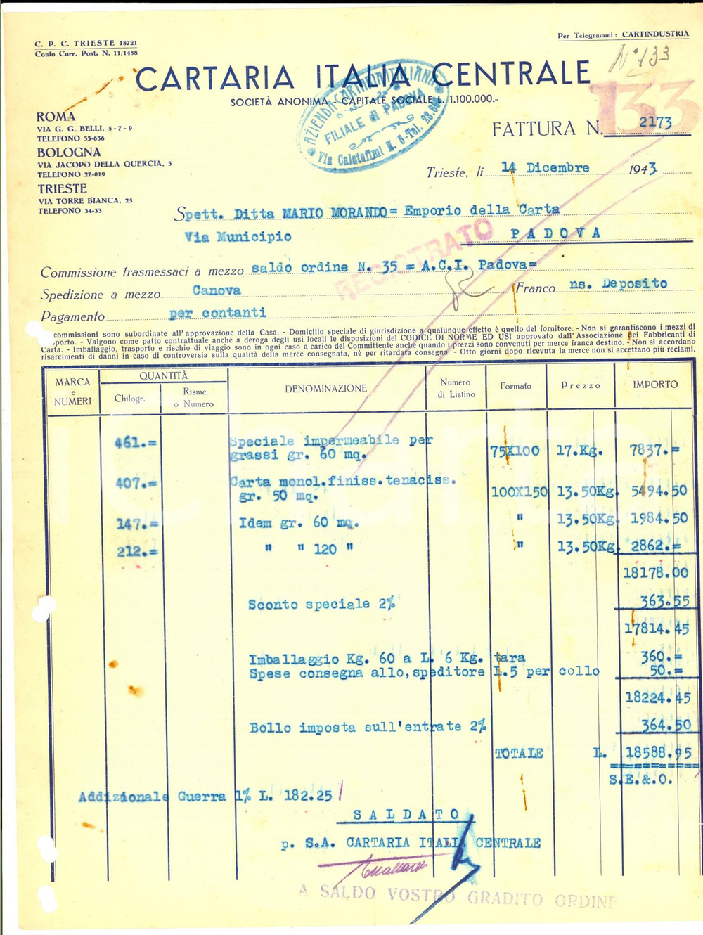 Documento originale, autentico 1943 TRIESTE Cartaria Italia Centrale *Fattura intestata per carta speciale 1