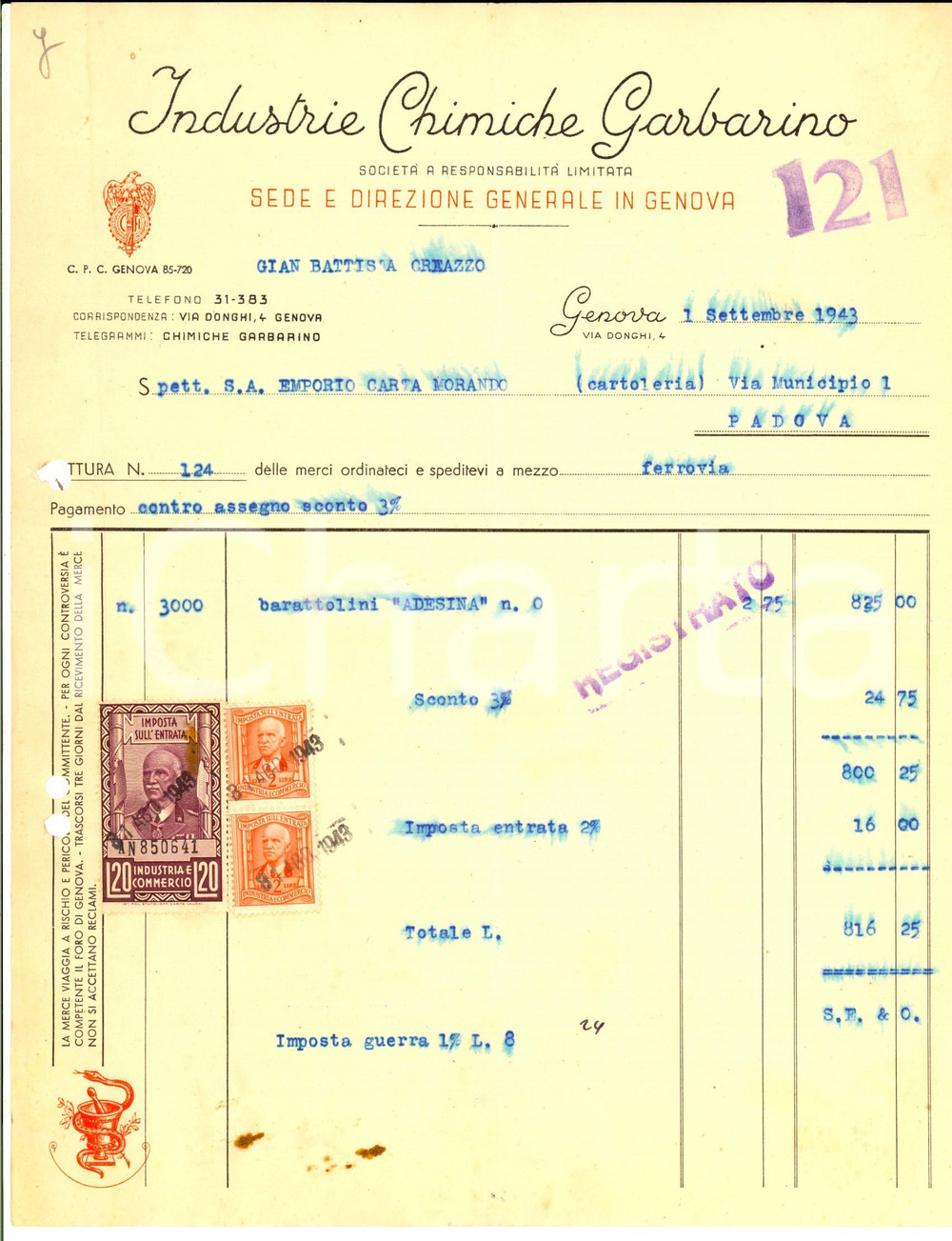 Documento originale, autentico 1943 GENOVA Industrie Chimiche GARBARINO *Fattura per barattolini ADESINA 1