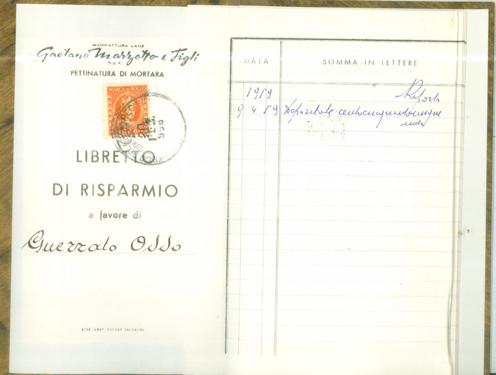 Oggetto da collezione cartaceo 1959 MORTARA Libretto risparmio Oddo GUERRATO Lane MARZOTTO 1