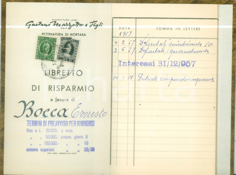 Oggetto da collezione cartaceo 1957-1958 MORTARA Libretto risparmio Ernesto BOCCA Lane MARZOTTO 1