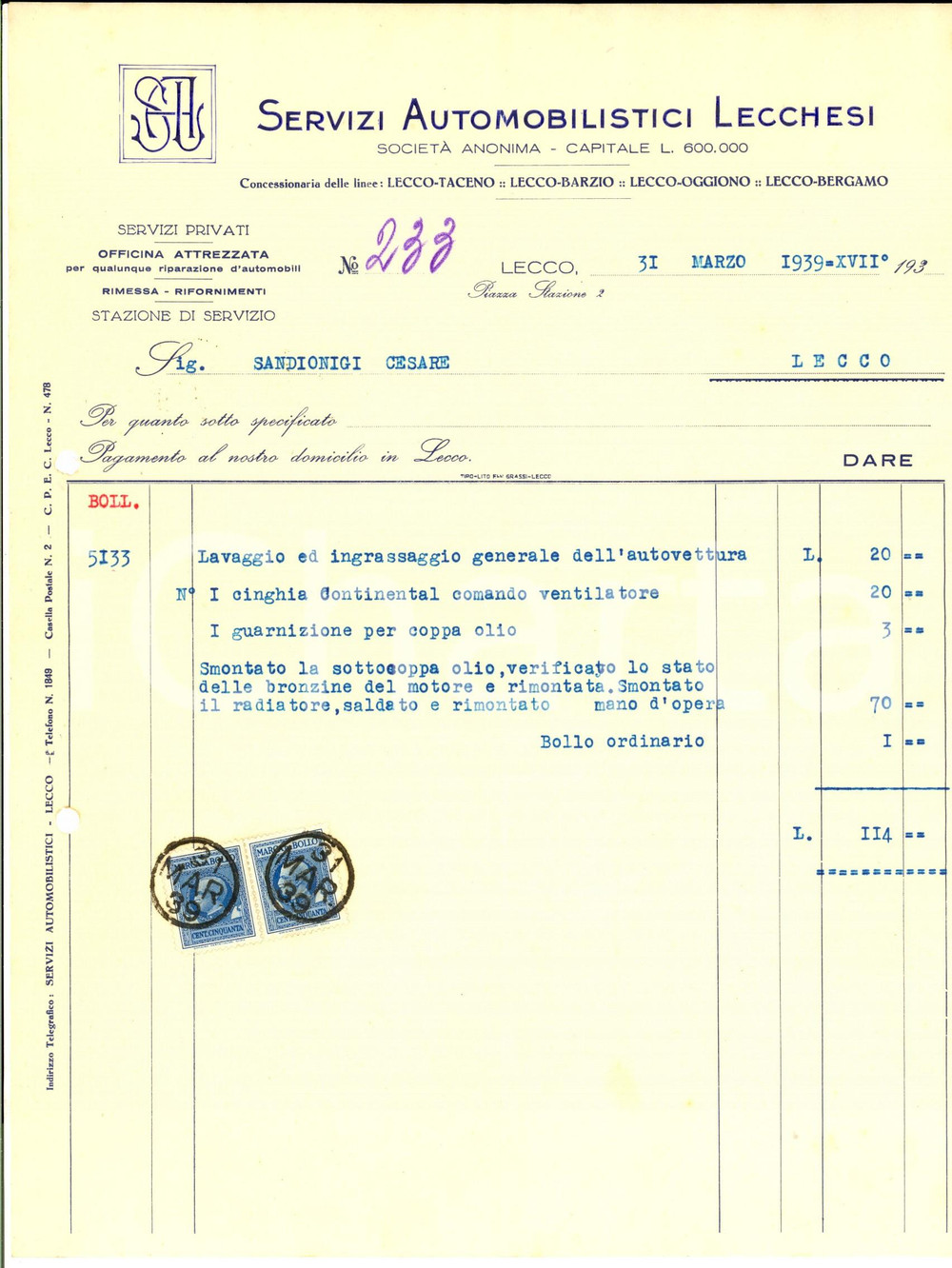 Documento originale, autentico 1933 LECCO Servizi Automobilistici Lecchesi - Fattura per lavaggio vettura 1