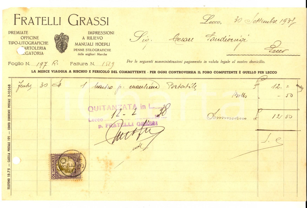 Documento originale, autentico 1937 LECCO Fratelli GRASSI Impressioni a rilievo  Fattura per nastro macchina 1