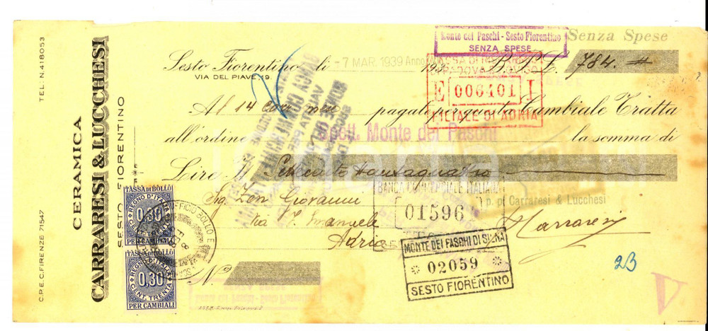 Documento originale, autentico 1939 SESTO FIORENTINO Ceramica CARRARESI & LUCCHESI Cambiale pubblicitaria 1