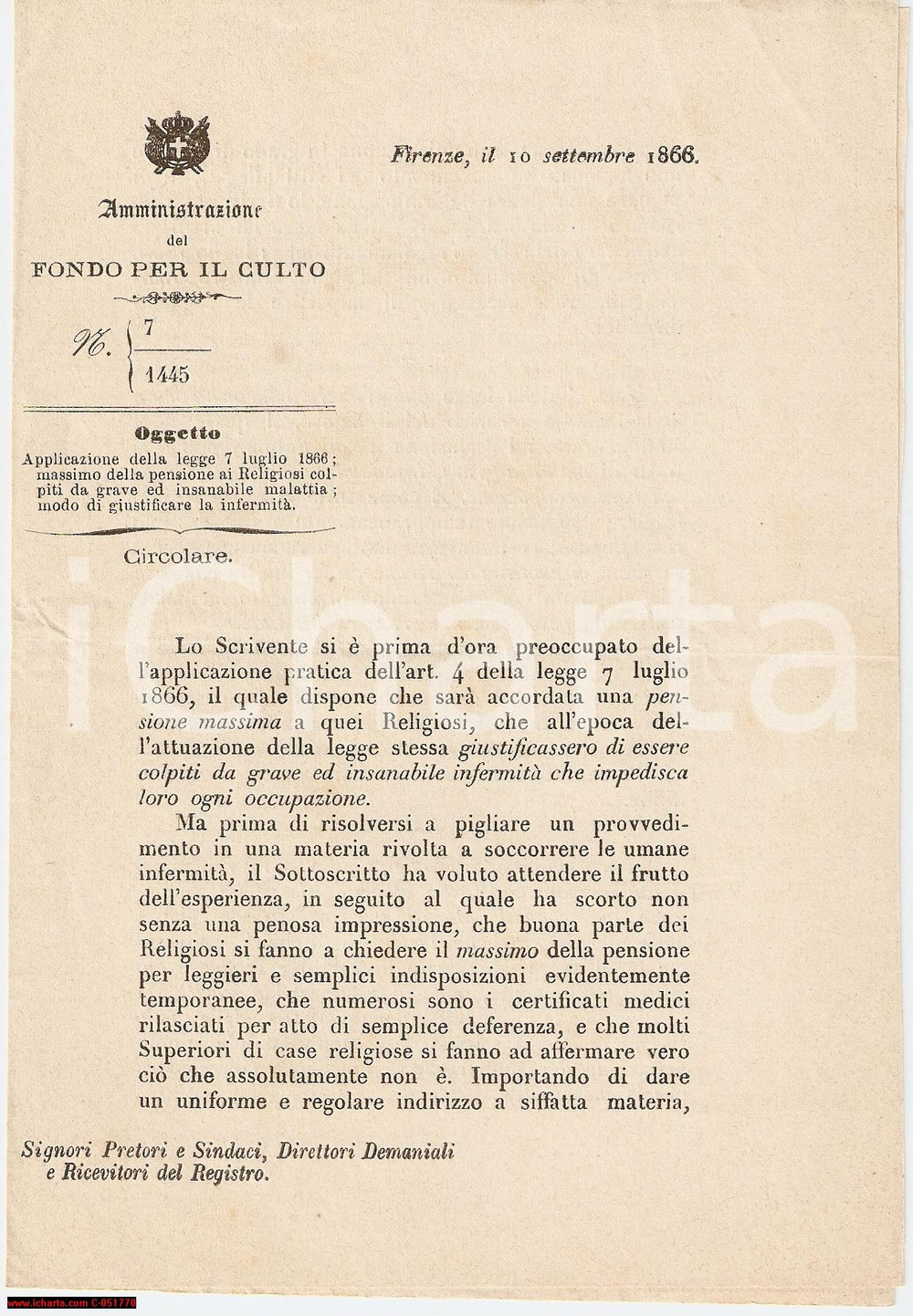 Documento originale, autentico 1866 FONDO PER IL CULTO Truffe dei religiosi per ottenere la pensione massima 1