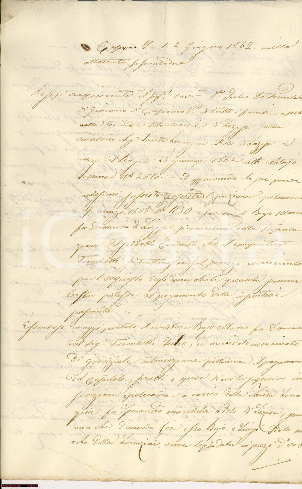 Documento originale, autentico 1862 CAPRINO VERONESE Minacce del creditore Marco BUJO 1
