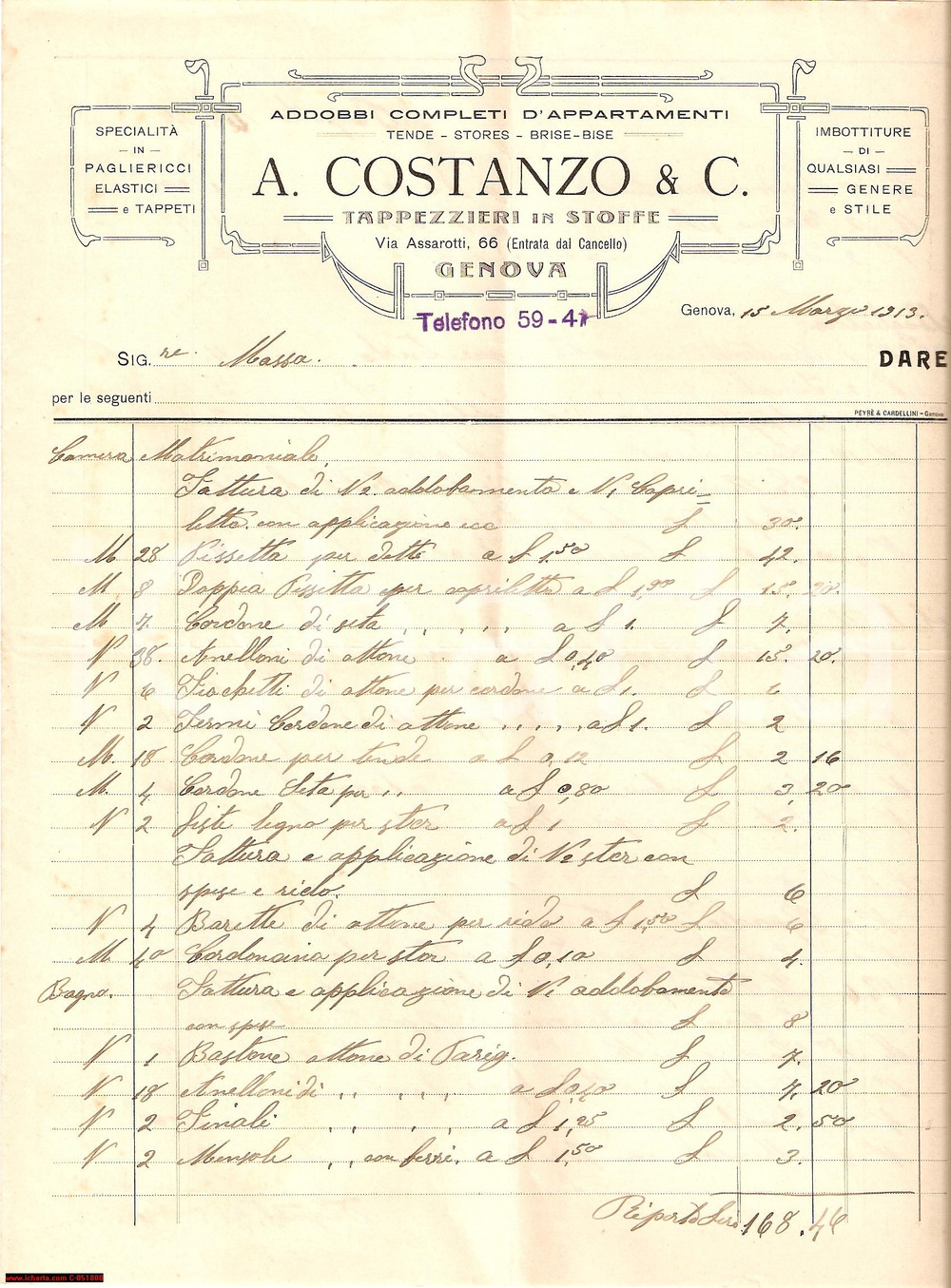 Manoscritto, lettera originale 1913 GENOVA Addobbi appartamenti COSTANZO tappezziere 1