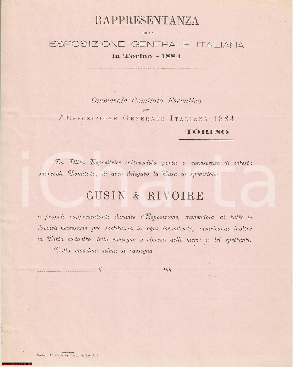 Documento originale, autentico 1884 TORINO Esposizione Generale Casa COUSIN & RIVOIRE 1