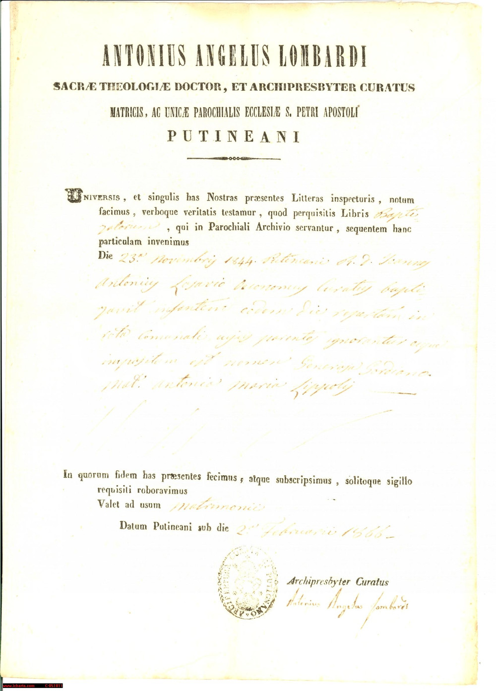 Documento originale, autentico 1866 PUTIGNANO  Don LOMBARDI battezza bambina trovata nella ruota degli esposti 1