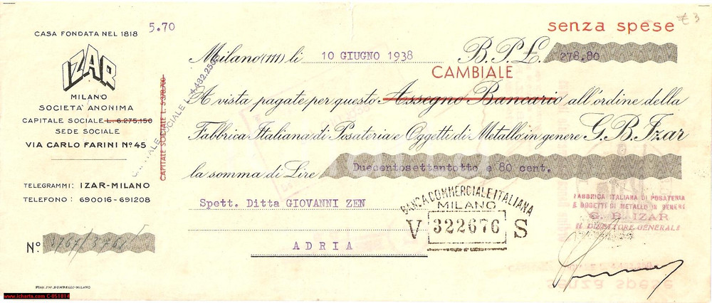 Oggetto da collezione cartaceo 1938 IZAR fabbrica posateria MILANO Via Farini  45 cambiale pubblicitaria 1