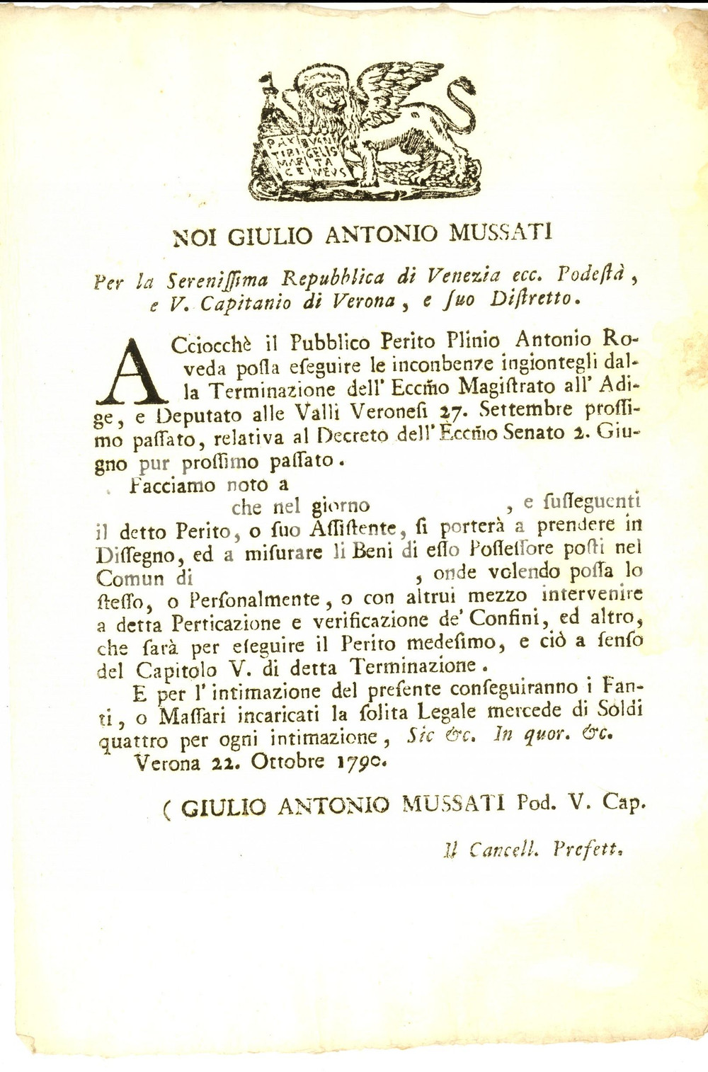 Libro, pubblicazione d'epoca 1790 REPUBBLICA DI VENEZIA Misure del perito Plinio Antonio ROVEDA a Verona 1