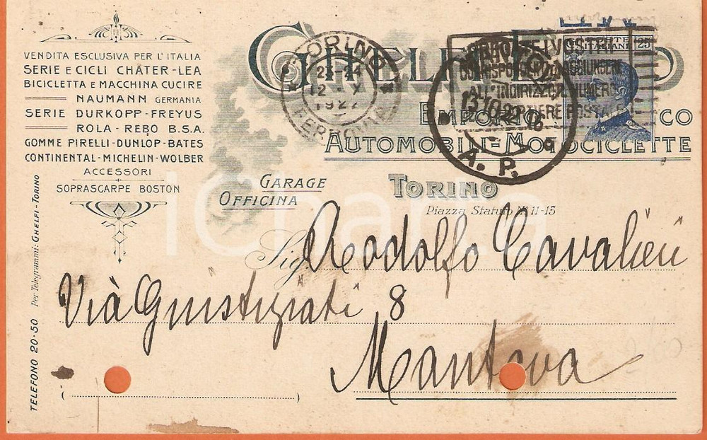 Cartolina originale da collezione 1922 TORINO Emporio GHELFI Motociclette CHATHERLEA Dunlop PIRELLI Cartolina FP 1