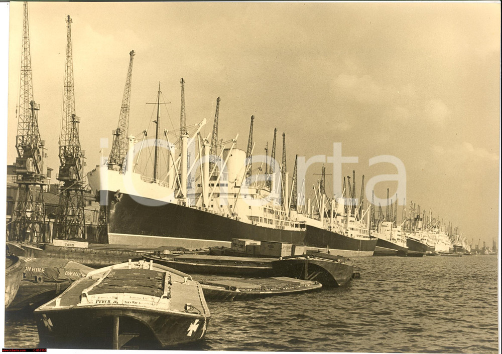 Fotografia d epoca originale 1950 PORTO DI LONDRA , Royal Albert Dock, navi cargo Fotografia 1