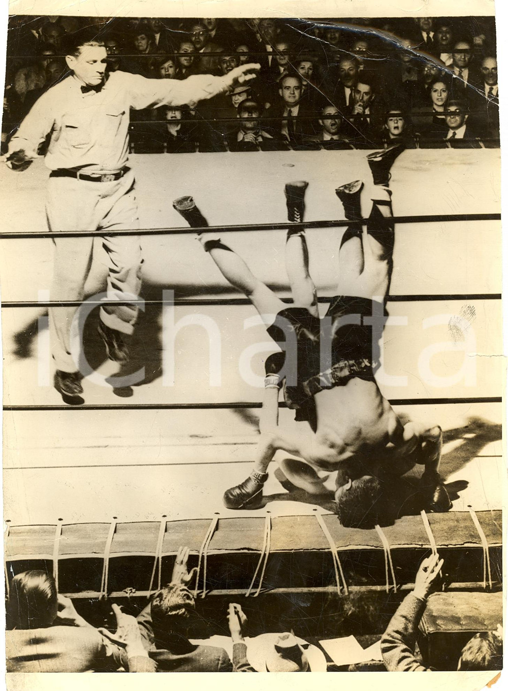 Fotografia d'epoca originale 1939 LOS ANGELES (USA) Boxe Aaron Al SMITH Henry MAJCHER cadono dalle corde FOTO 1