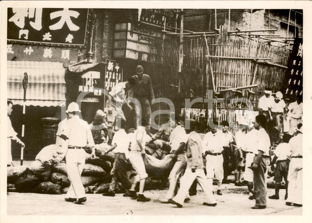 Fotografia d'epoca originale 1937 SHANGAI Barricate giapponesi con sacchi di terra 1
