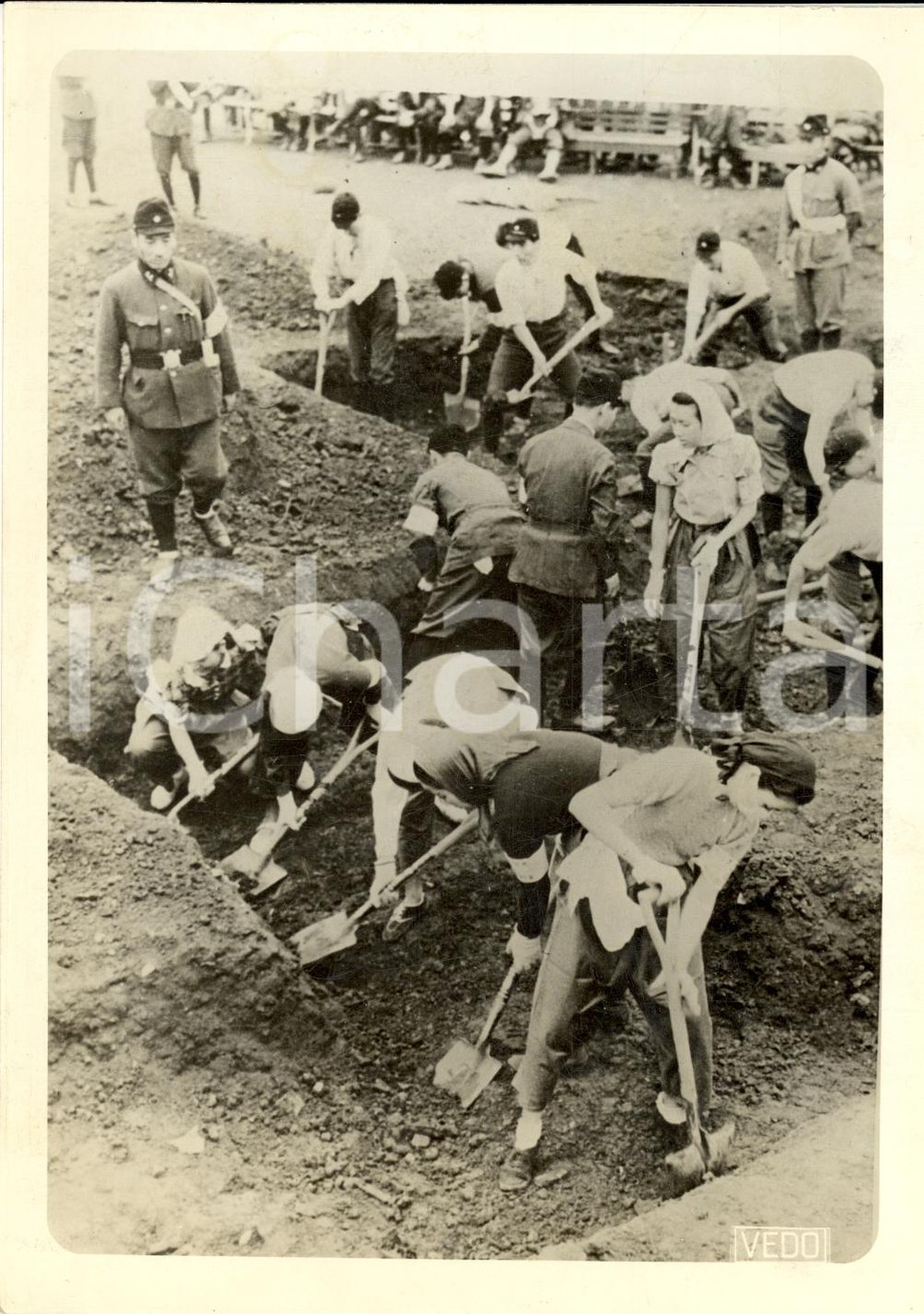 Fotografia d epoca originale 1940 TOKYO JAPAN WW2 Attrici giapponesi zappano terra per costruire rifugi FOTO 1
