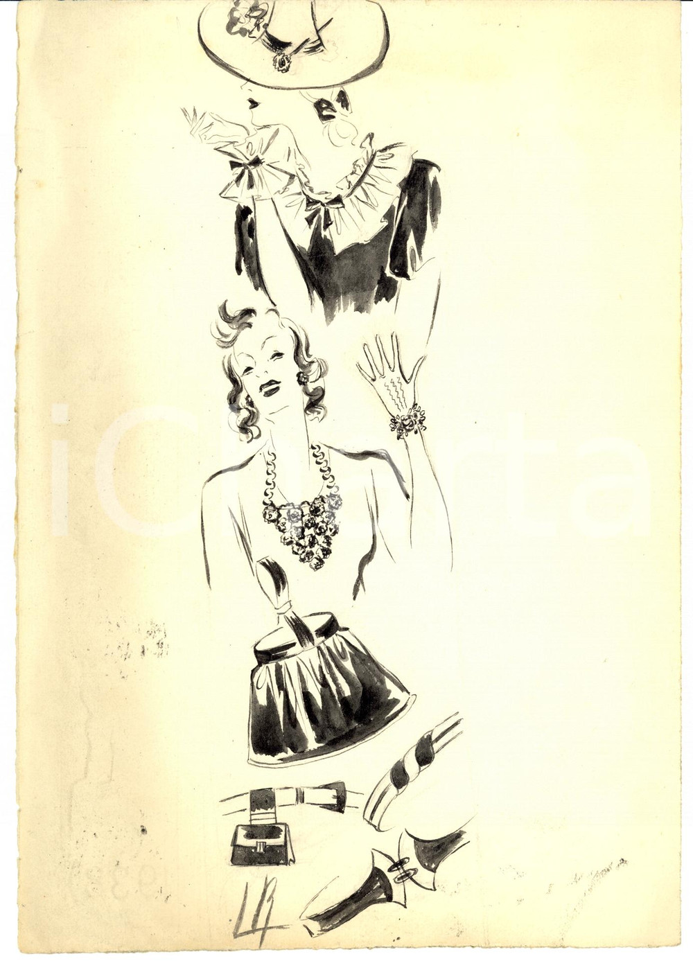 Stampa, bozzetto originale 1939 Moda donna ANNI  30 Accessori invernali stile floreale AUTOGRAFO 1