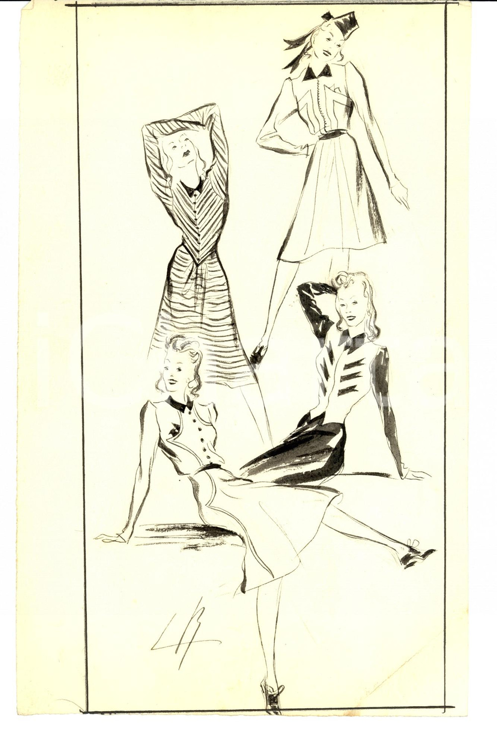 Stampa, bozzetto originale 1939 Moda donna ANNI  30 Abiti da giorno  Bozzetto AUTOGRAFO 1 1