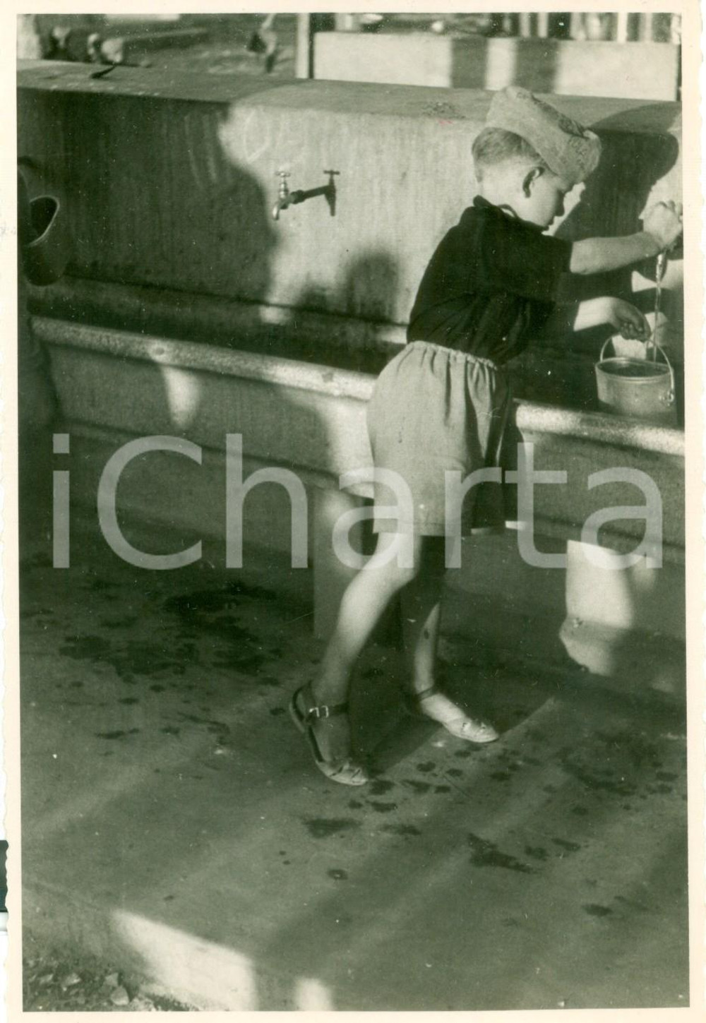 Fotografia d epoca originale 1936 ISTRIA Campeggio Alfred FASSEK La mascotte lava le sue gavette FOTOGRAFIA 1
