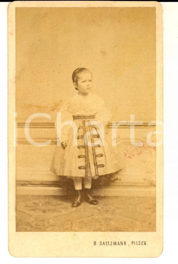 Fotografia d epoca originale 1870 ca PILSEN CZ Ritratto di bambina con abito ricamato Foto SALTZMANN CDV 1