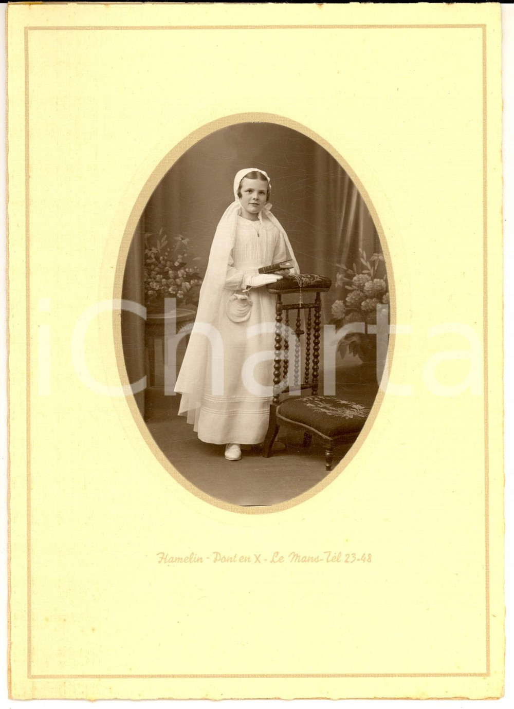 Fotografia d epoca originale 1920 ca LE MANS F Ritratto di bambina alla Prima Comunione Fotografia HAMELIN 1